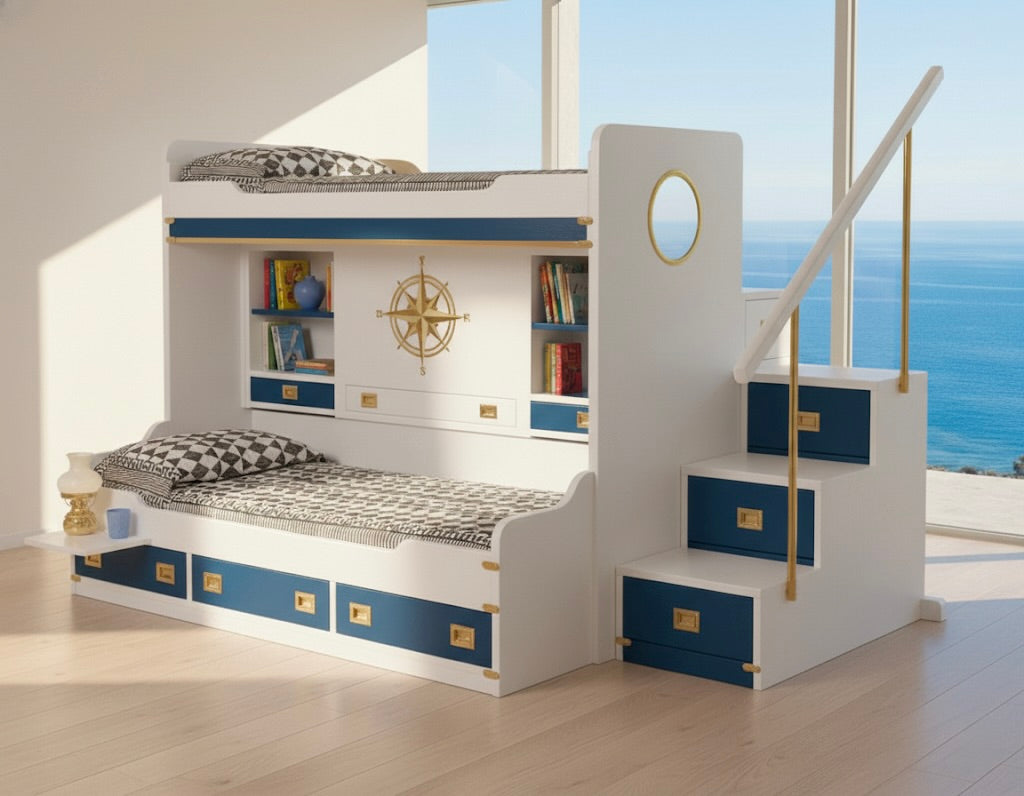 Letto a castello stile marina ''ROSA DEI VENTI'' Linea Mediterraneo Il Corsaro in legno di mogano