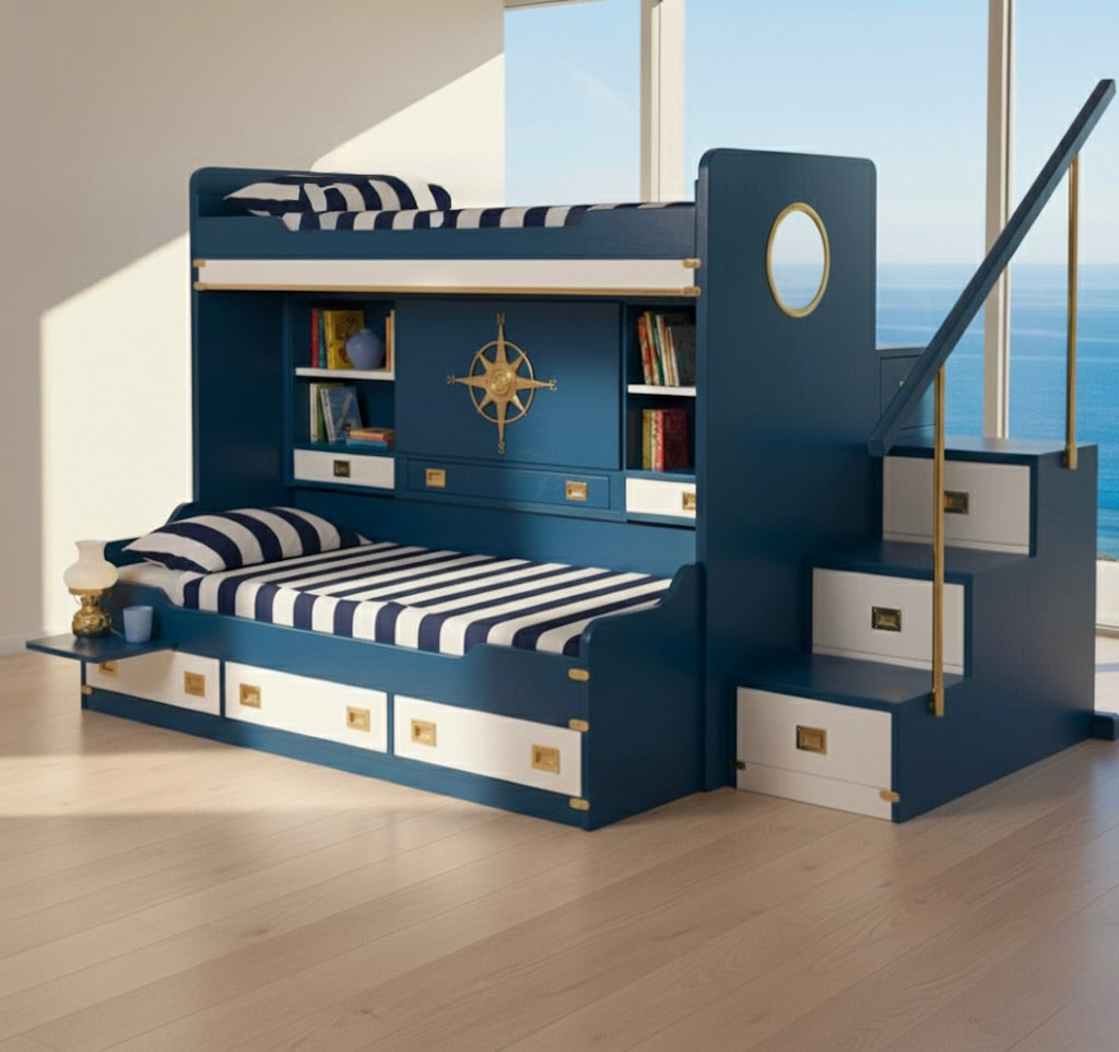 Letto a castello stile marina ''ROSA DEI VENTI'' Linea Mediterraneo Il Corsaro in legno di mogano