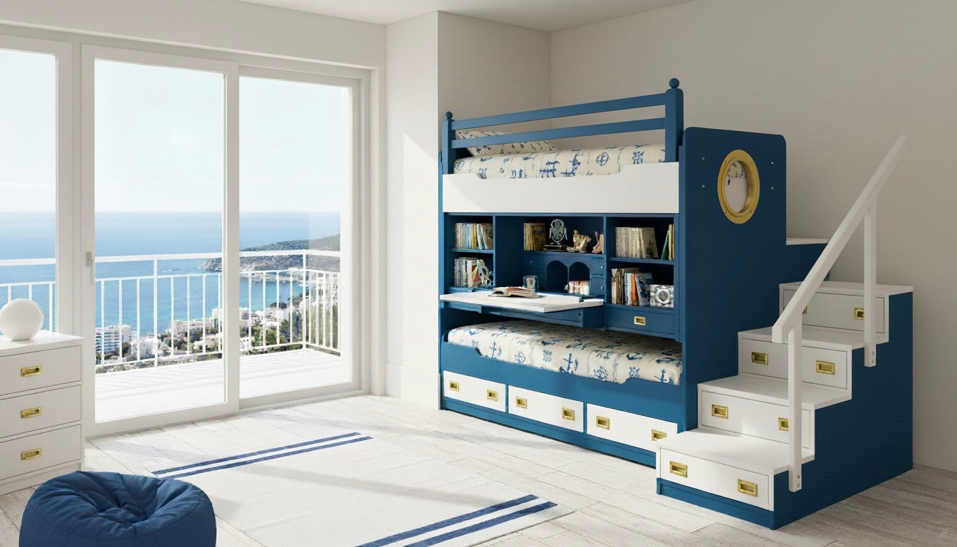 Letto a castello stile marina ''ROSA DEI VENTI'' Linea Mediterraneo Il Corsaro in legno di mogano