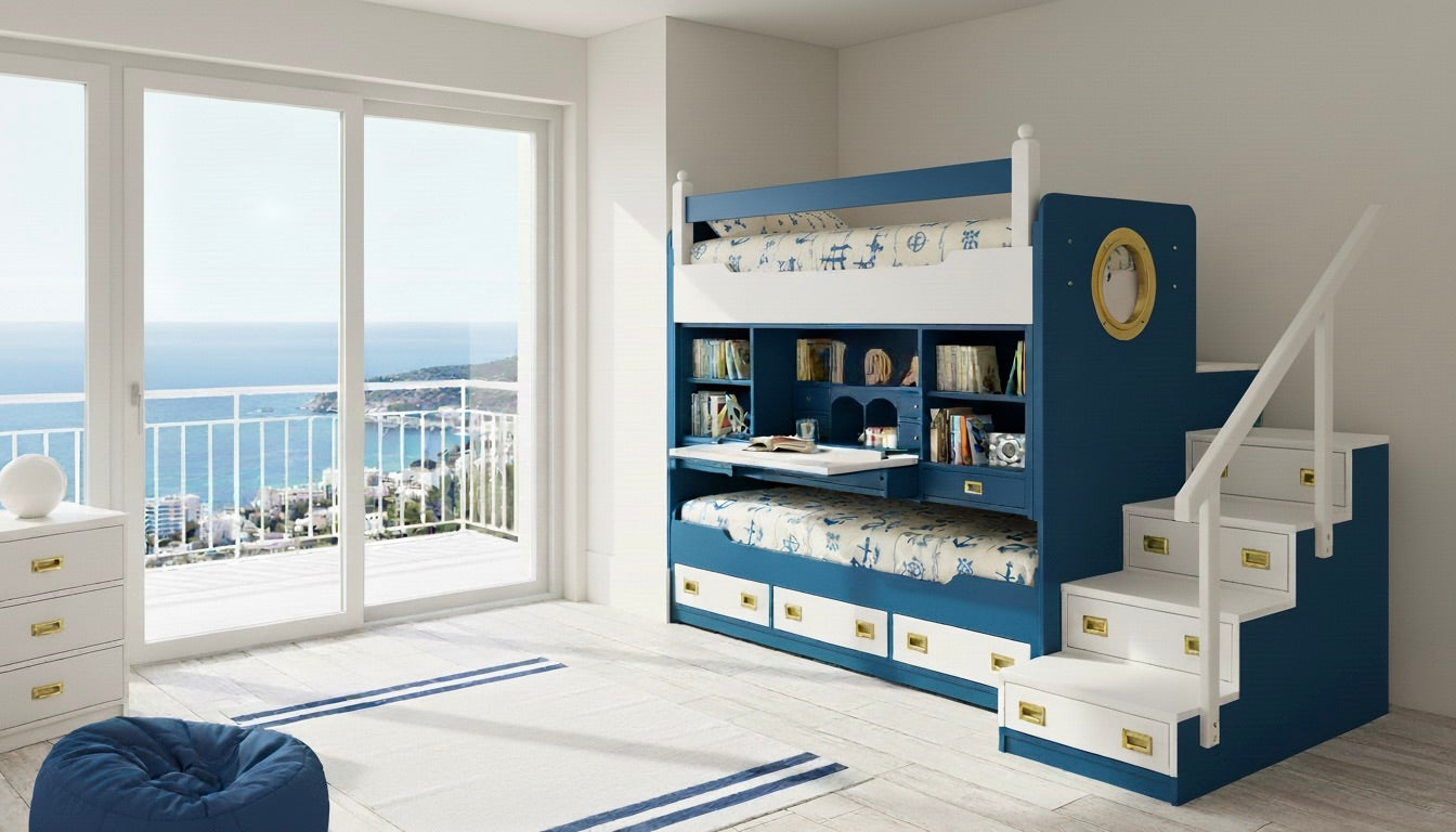 Letto a castello stile marina ''ROSA DEI VENTI'' Linea Mediterraneo Il Corsaro in legno di mogano
