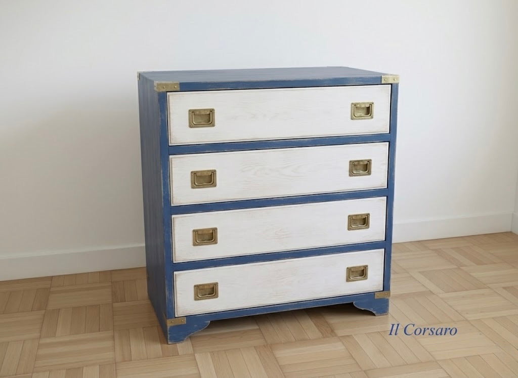 Arredamento Stile Marina Il Corsaro Mobile Cassettone Linea Mediterraneo onda blu in legno di mogano finitura decapata