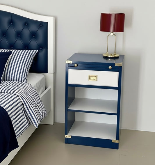 Comodino Stile Marina Linea Mediterraneo in legno di mogano Blu e Bianco