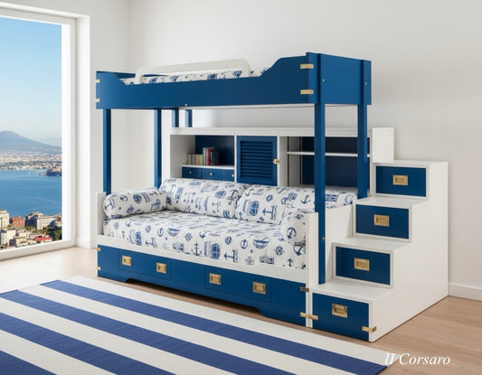 Letto a castello Stile Marina '' Cabina del Marinaio'' Linea Mediterraneo Il Corsaro in legno di mogano