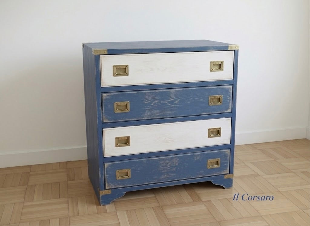 Arredamento Stile Marina Il Corsaro Mobile Cassettone Linea Mediterraneo onda blu in legno di mogano finitura decapata
